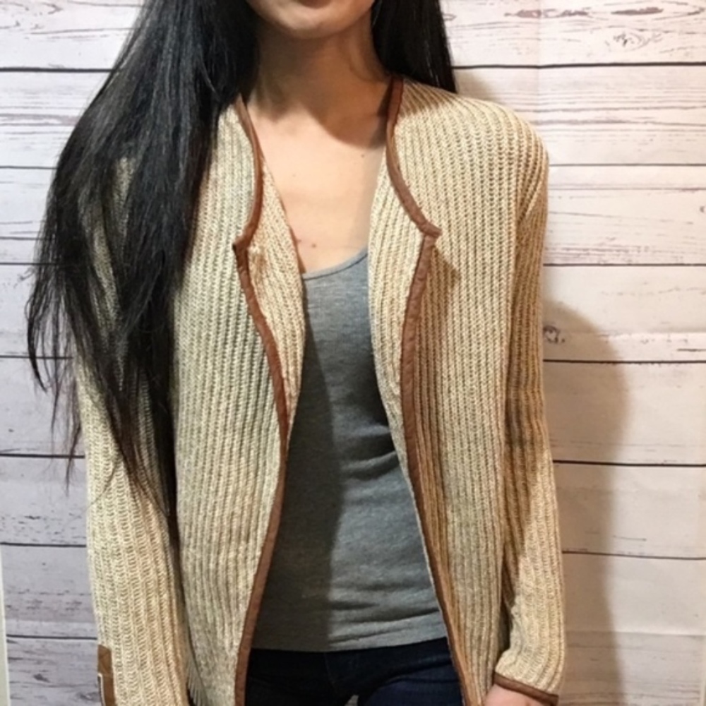 LUCKY BRAND LEATHER ZIPPER DETAIL TAN CARDIGAN - Picture 1 of 8